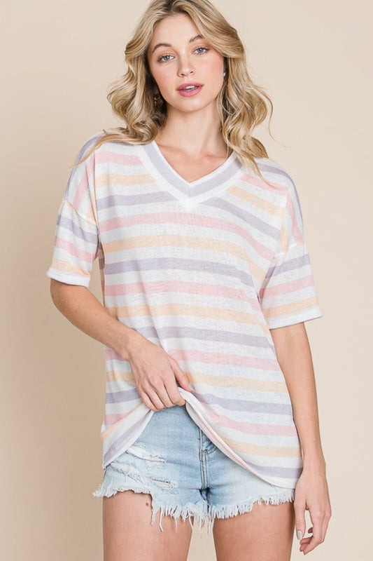 BOMBOM Striped V - Neck Short Sleeve T - Shirt - Top - Stripe - Bella Bourget