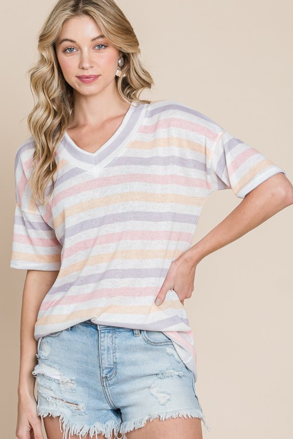 BOMBOM Striped V - Neck Short Sleeve T - Shirt - Top - Stripe - Bella Bourget