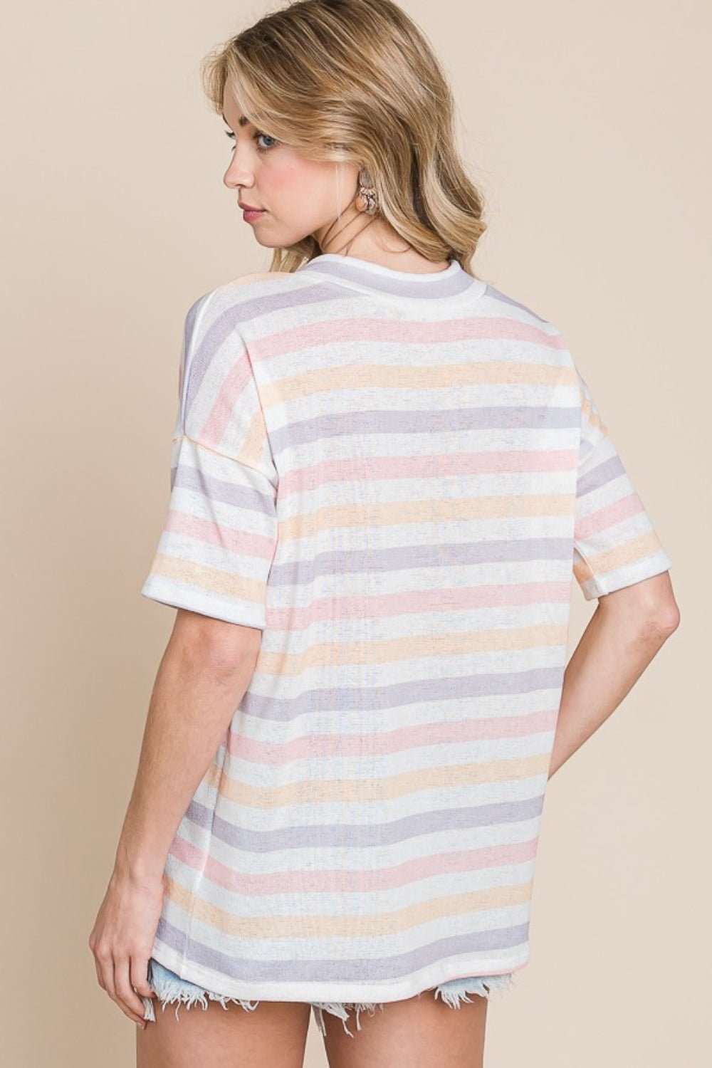 BOMBOM Striped V - Neck Short Sleeve T - Shirt - Top - Stripe - Bella Bourget