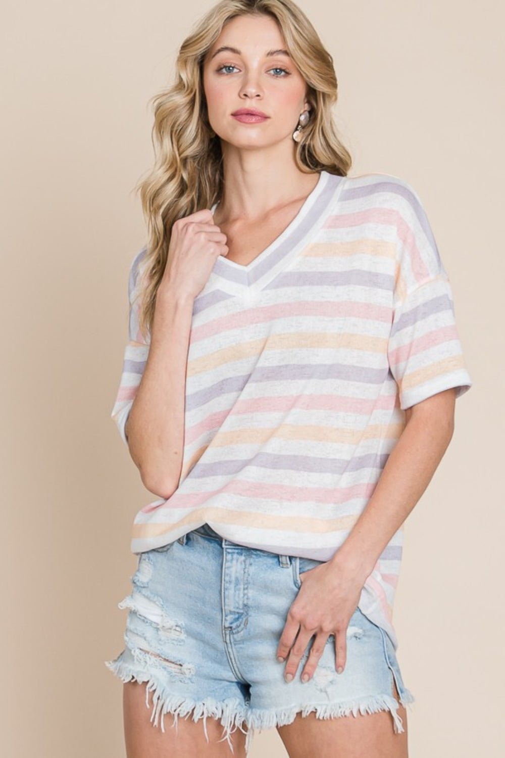 BOMBOM Striped V - Neck Short Sleeve T - Shirt - Top - Stripe - Bella Bourget