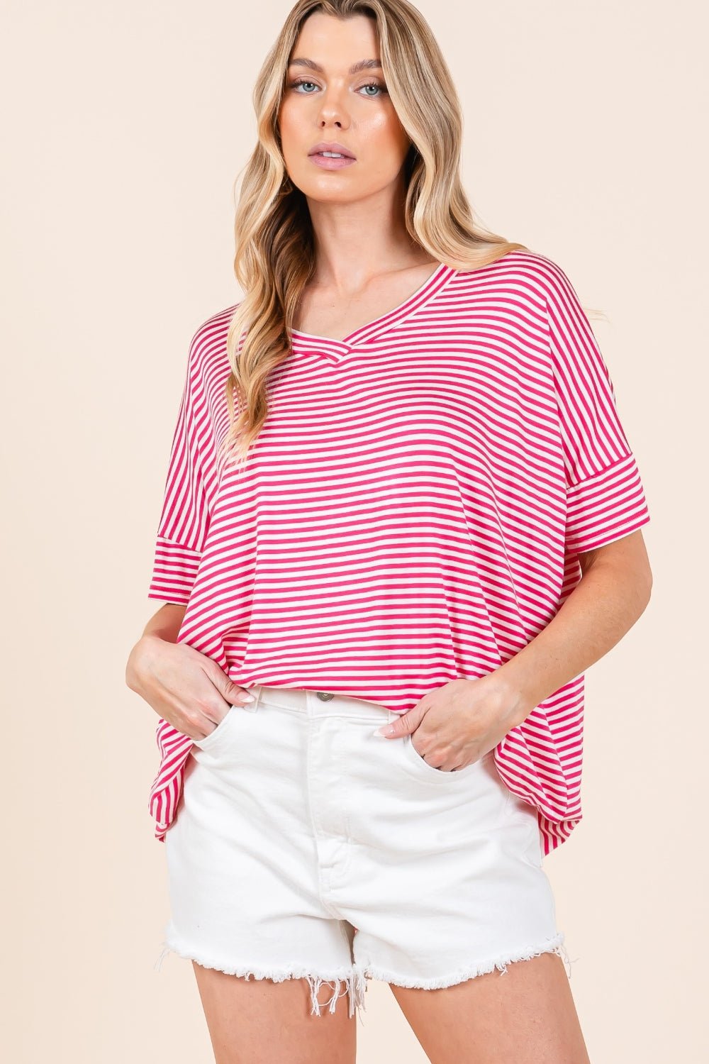 BOMBOM Striped V - Neck T - Shirt - Top - Fuchsia - Bella Bourget