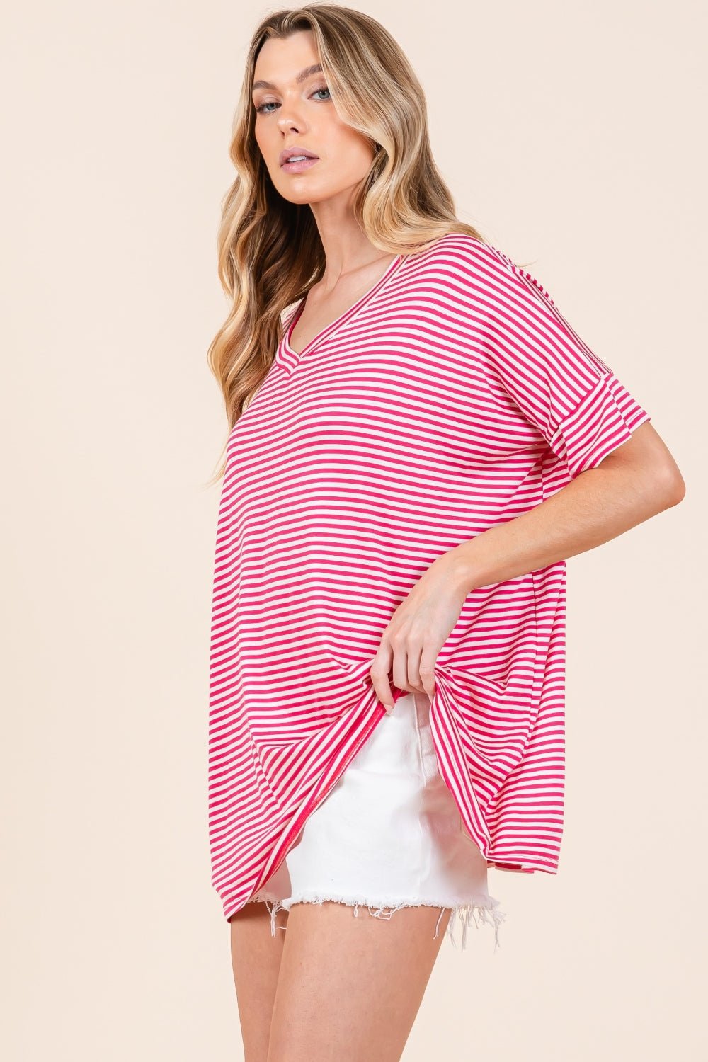 BOMBOM Striped V - Neck T - Shirt - Top - Fuchsia - Bella Bourget