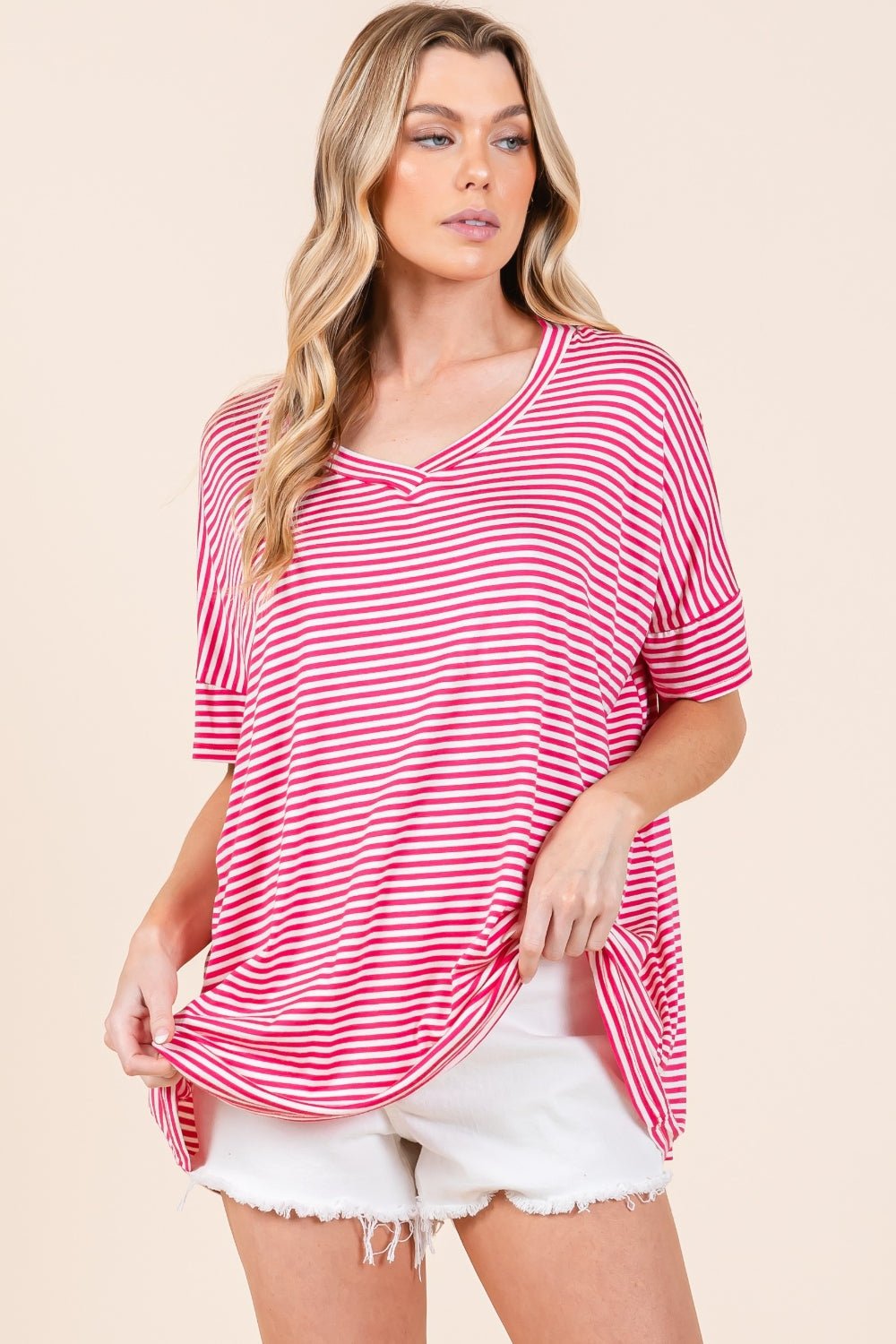 BOMBOM Striped V - Neck T - Shirt - Top - Fuchsia - Bella Bourget