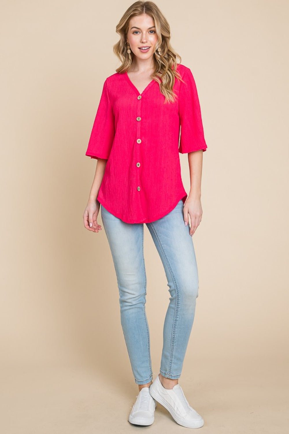 BOMBOM Texture Decorative Button V - Neck Top - Top - Fuchsia - Bella Bourget