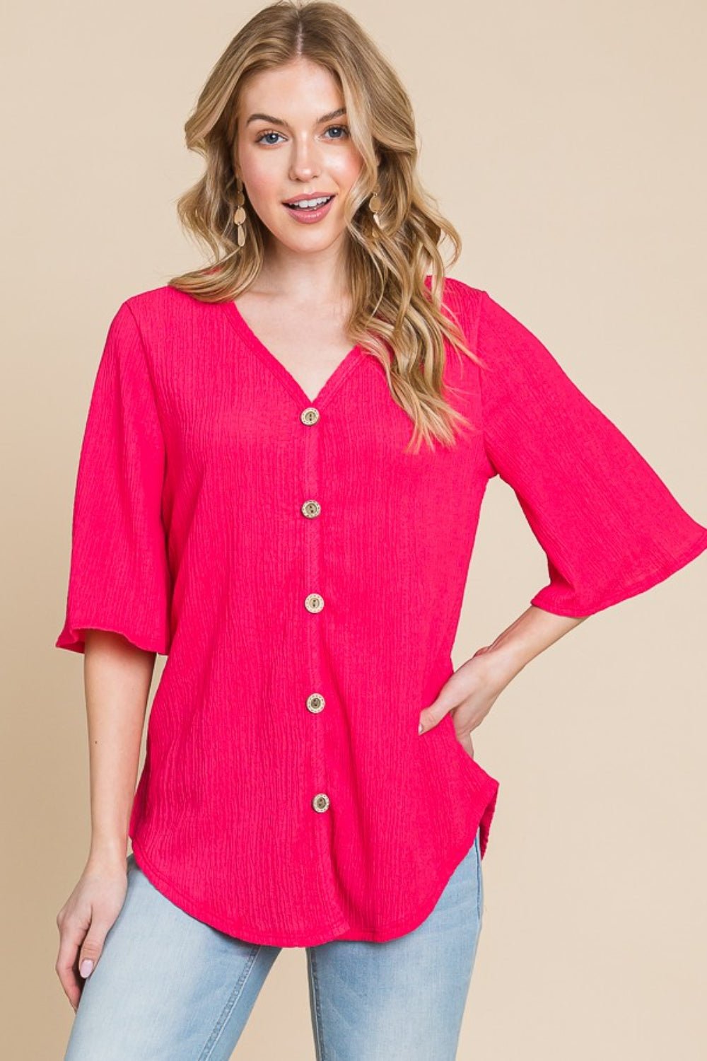 BOMBOM Texture Decorative Button V - Neck Top - Top - Fuchsia - Bella Bourget