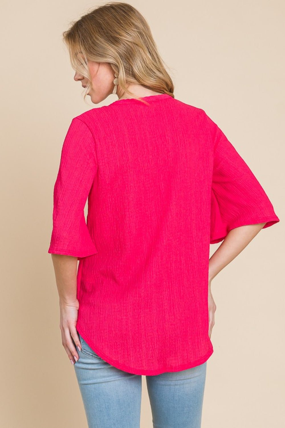 BOMBOM Texture Decorative Button V - Neck Top - Top - Fuchsia - Bella Bourget