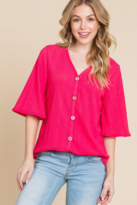 BOMBOM Texture Decorative Button V - Neck Top - Top - Fuchsia - Bella Bourget