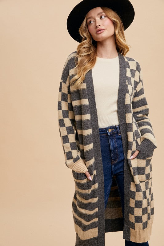 Annie Wear Checkered & Striped Open Front Long Sleeve Cardigan