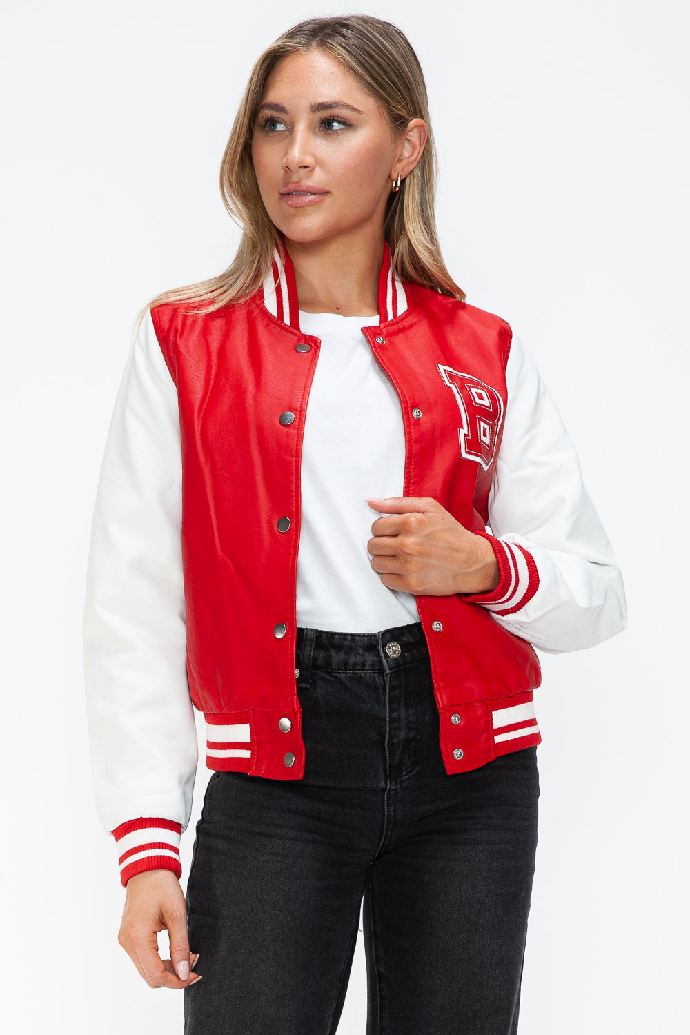 Love Me Now Faux Leather Contrast Snap Down Bomber Jacket