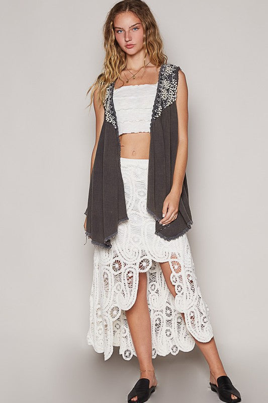 POL Embroidered Pearls Open Front Sleeveless Cardigan