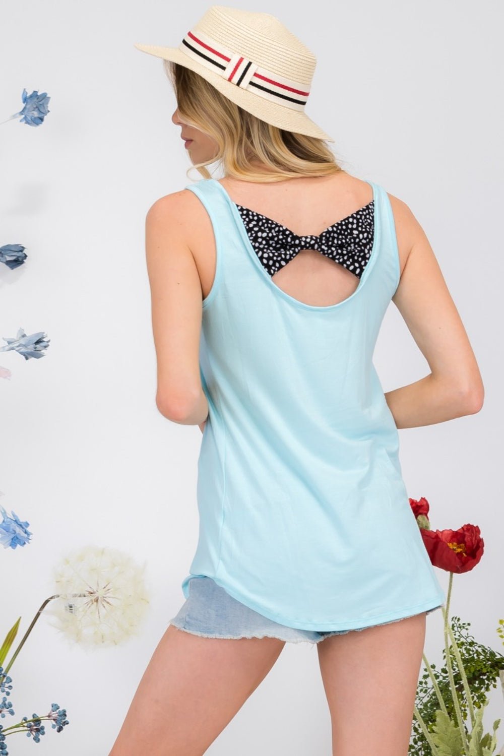 Celeste Full Size Back Contrast Bow Tie Tank - Top - Aqua - Bella Bourget