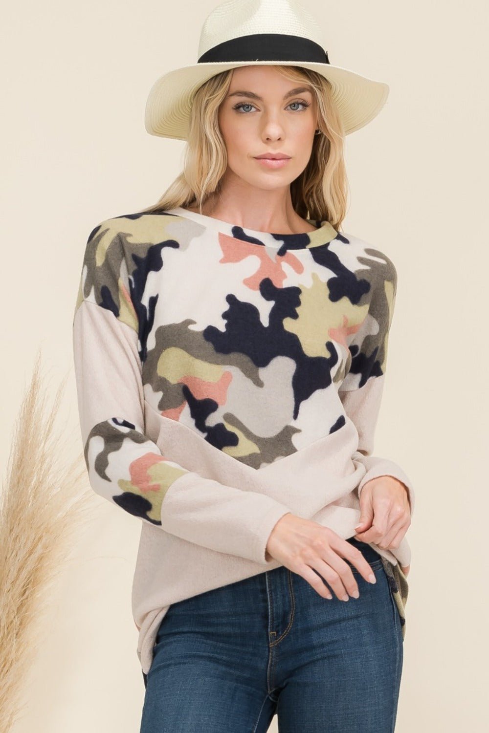 Celeste Full Size Camo Print Contrast Long Sleeve T-Shirt - T-Shirt - Beige Camo - Bella Bourget