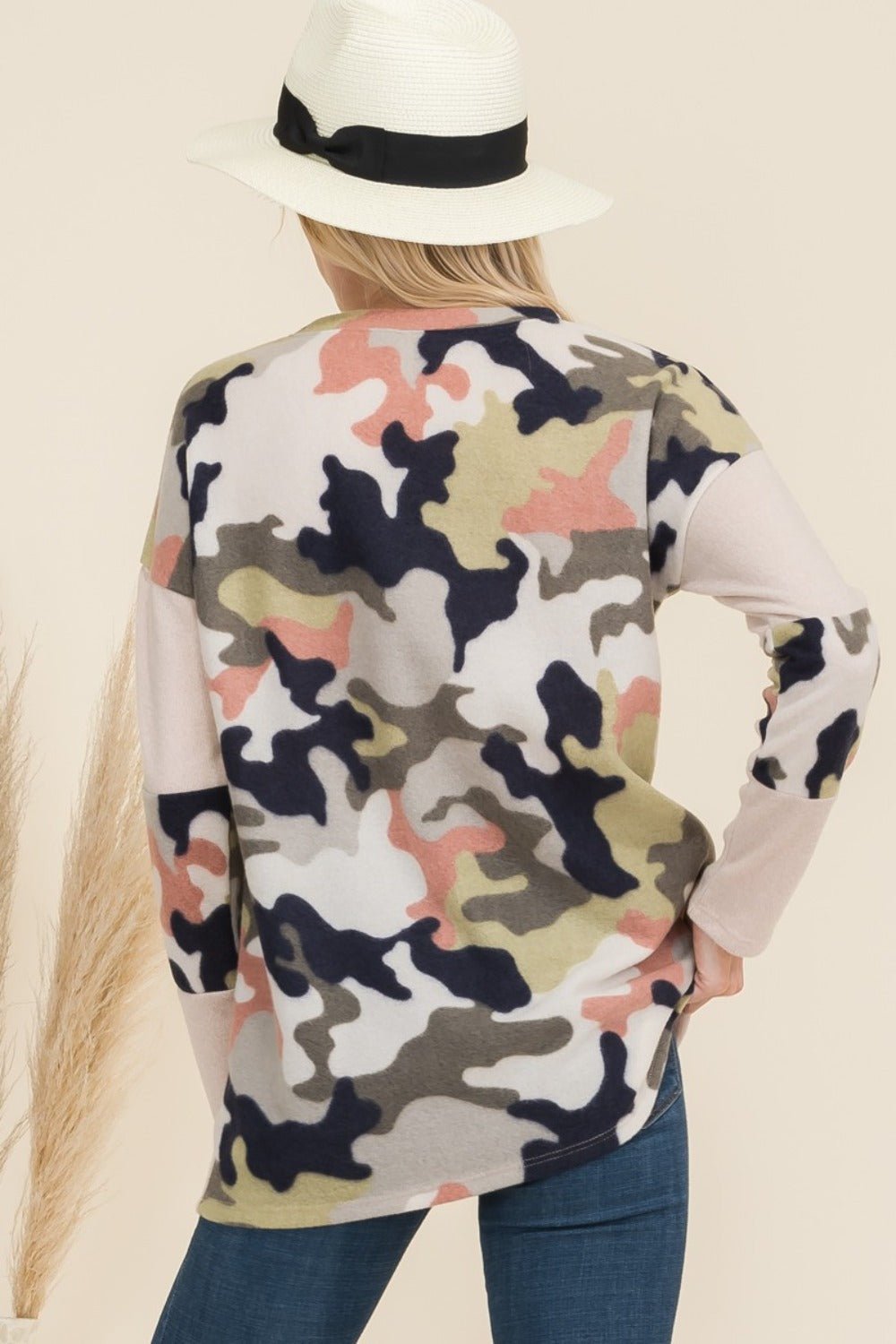 Celeste Full Size Camo Print Contrast Long Sleeve T-Shirt - T-Shirt - Beige Camo - Bella Bourget