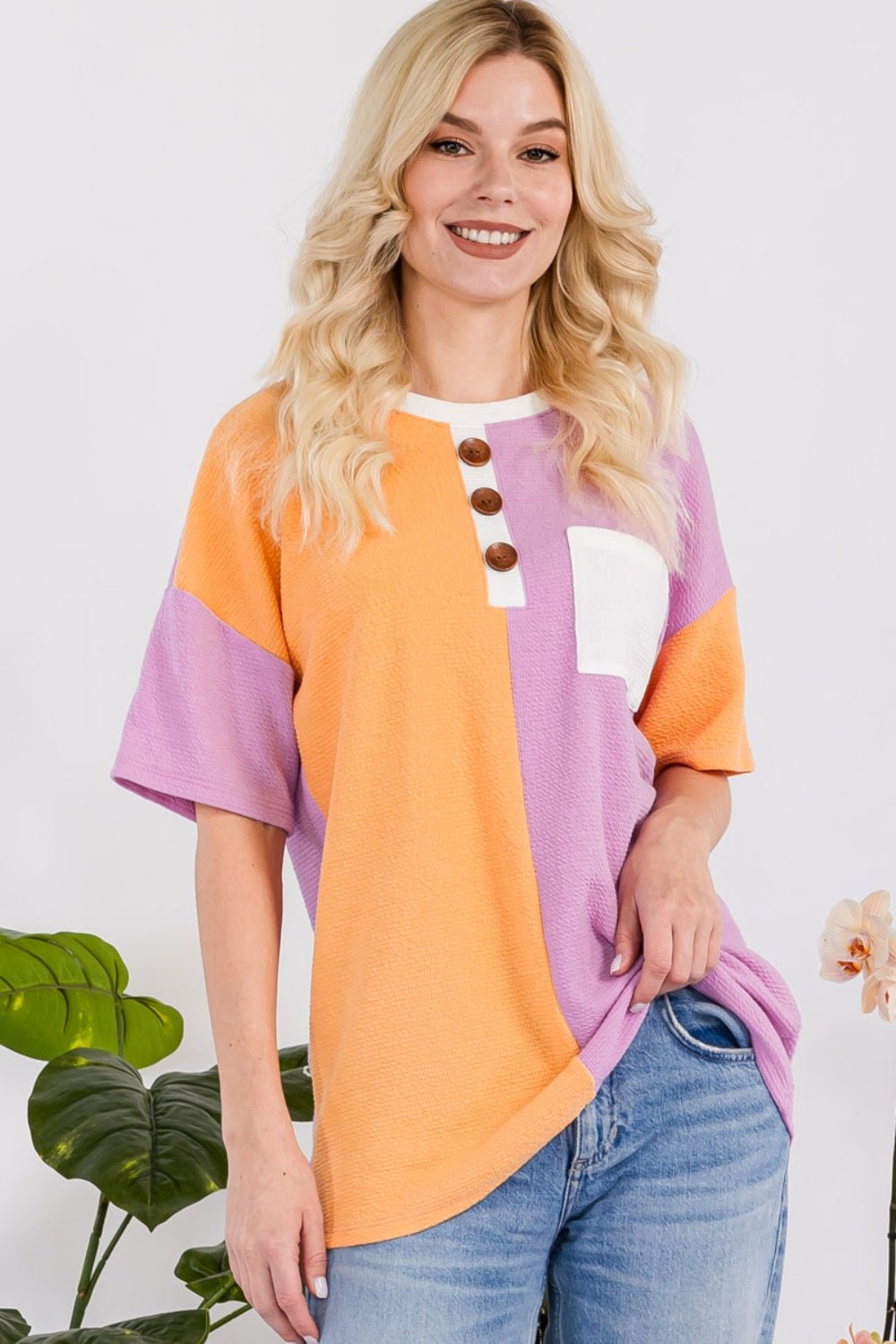 Celeste Full Size Color Block Short Sleeve T - Shirt - Top - LILAC - Bella Bourget