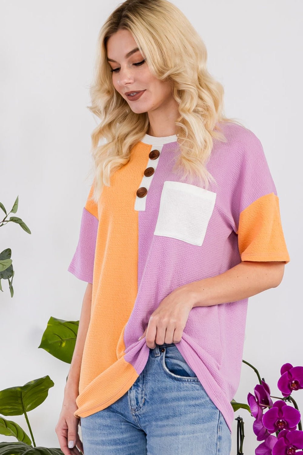 Celeste Full Size Color Block Short Sleeve T - Shirt - Top - LILAC - Bella Bourget