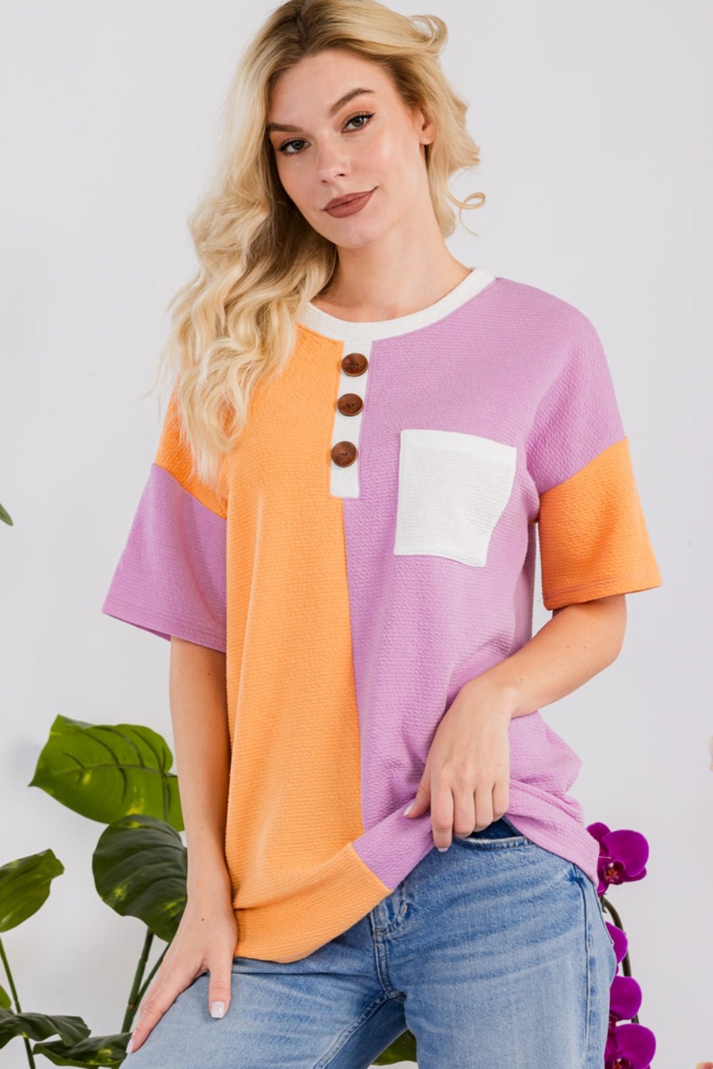 Celeste Full Size Color Block Short Sleeve T - Shirt - Top - LILAC - Bella Bourget