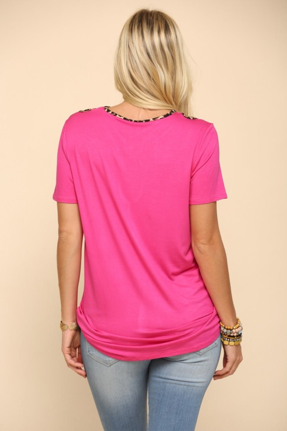 Celeste Full Size Crisscross Cutout Leopard Contrast Trim T - Shirt - Top - Fuchsia - Bella Bourget