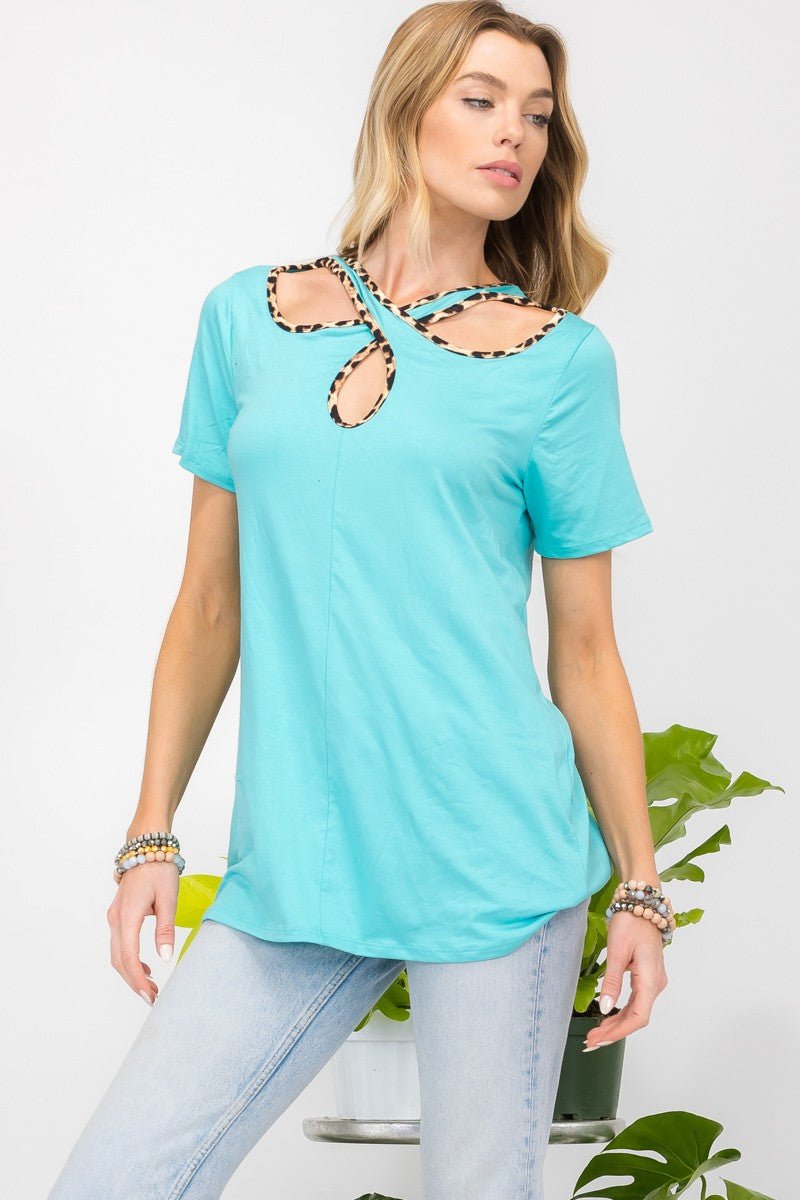 Celeste Full Size Crisscross Cutout Leopard Contrast Trim T - Shirt - Top - Mint - Bella Bourget