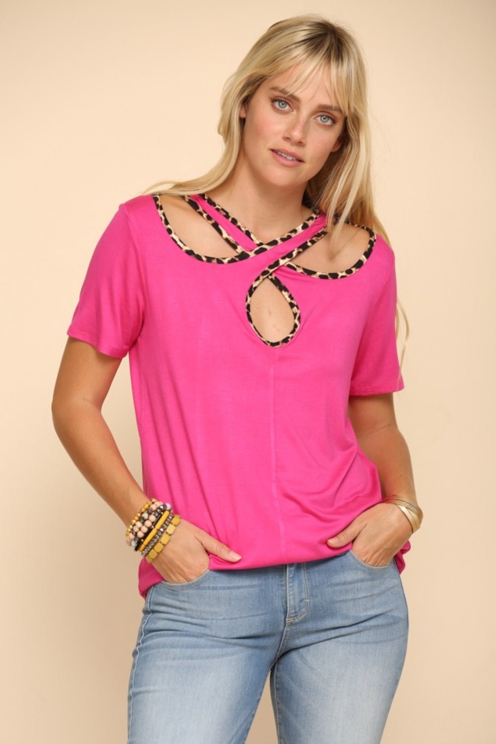 Celeste Full Size Crisscross Cutout Leopard Contrast Trim T - Shirt - Top - Fuchsia - Bella Bourget