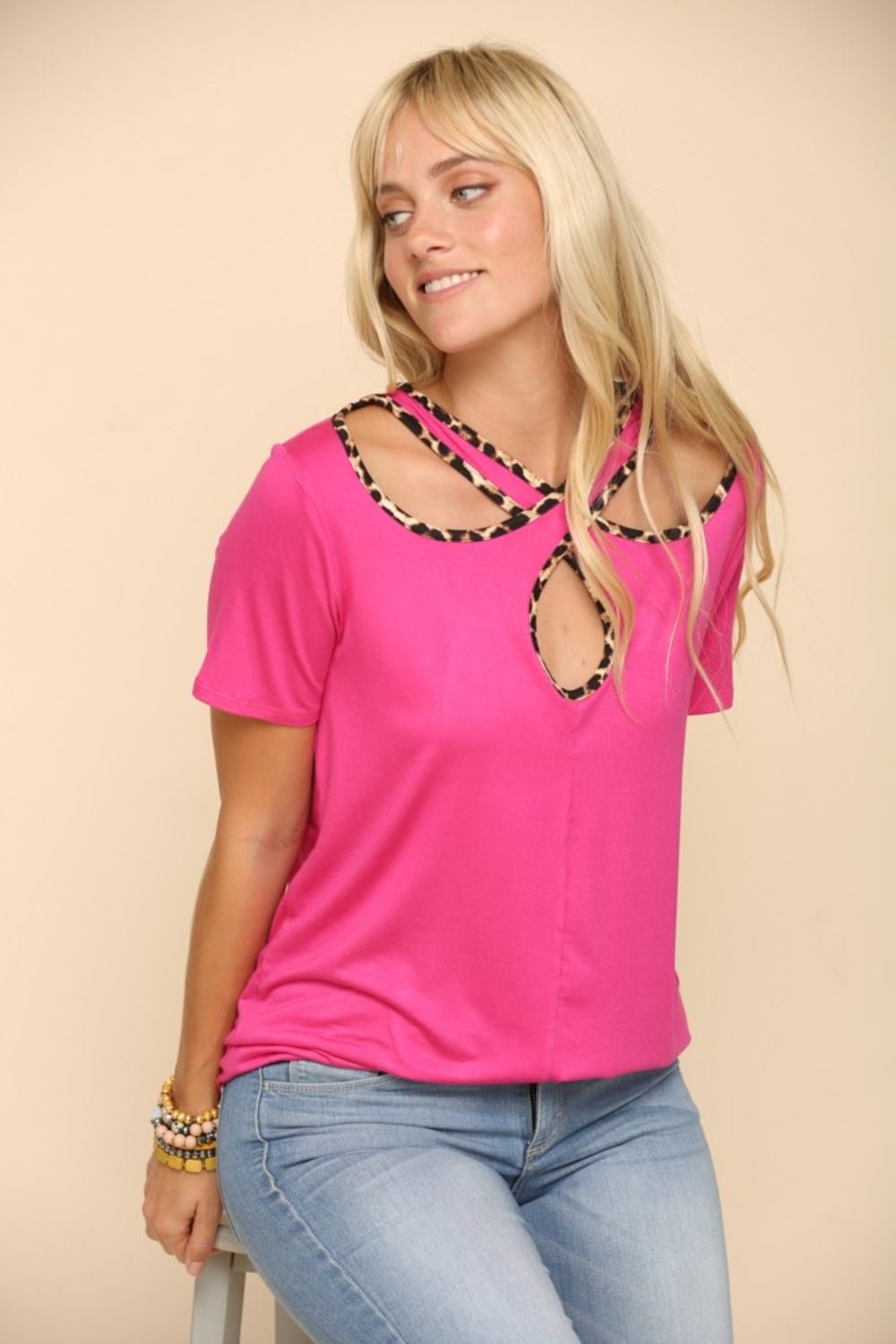 Celeste Full Size Crisscross Cutout Leopard Contrast Trim T - Shirt - Top - Fuchsia - Bella Bourget