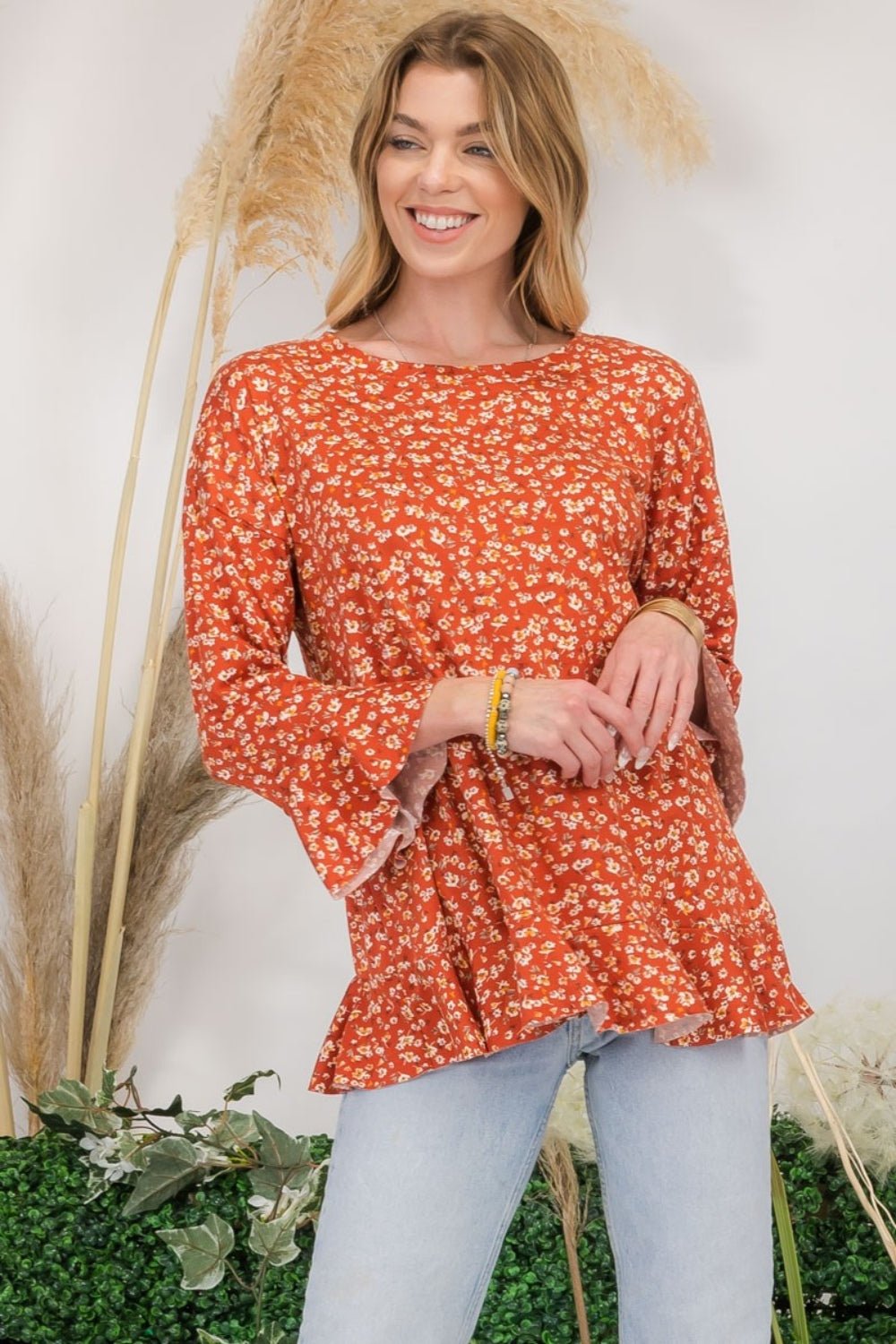 Celeste Full Size Floral Ruffle Detail Top - Top - Rust - Bella Bourget