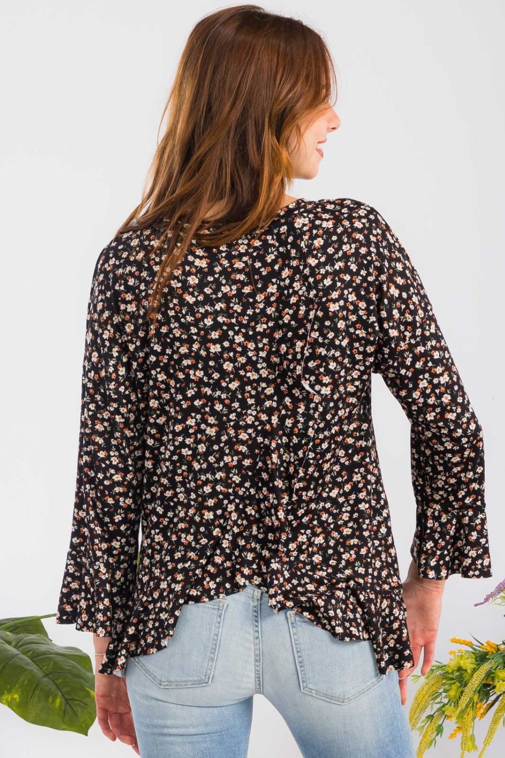 Celeste Full Size Floral Ruffle Detail Top - Top - Black - Bella Bourget