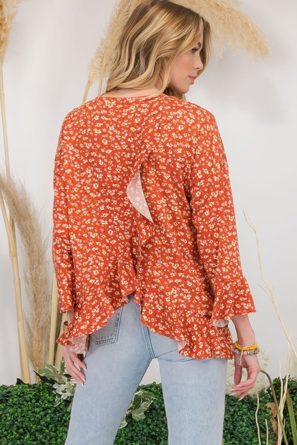 Celeste Full Size Floral Ruffle Detail Top - Top - Rust - Bella Bourget