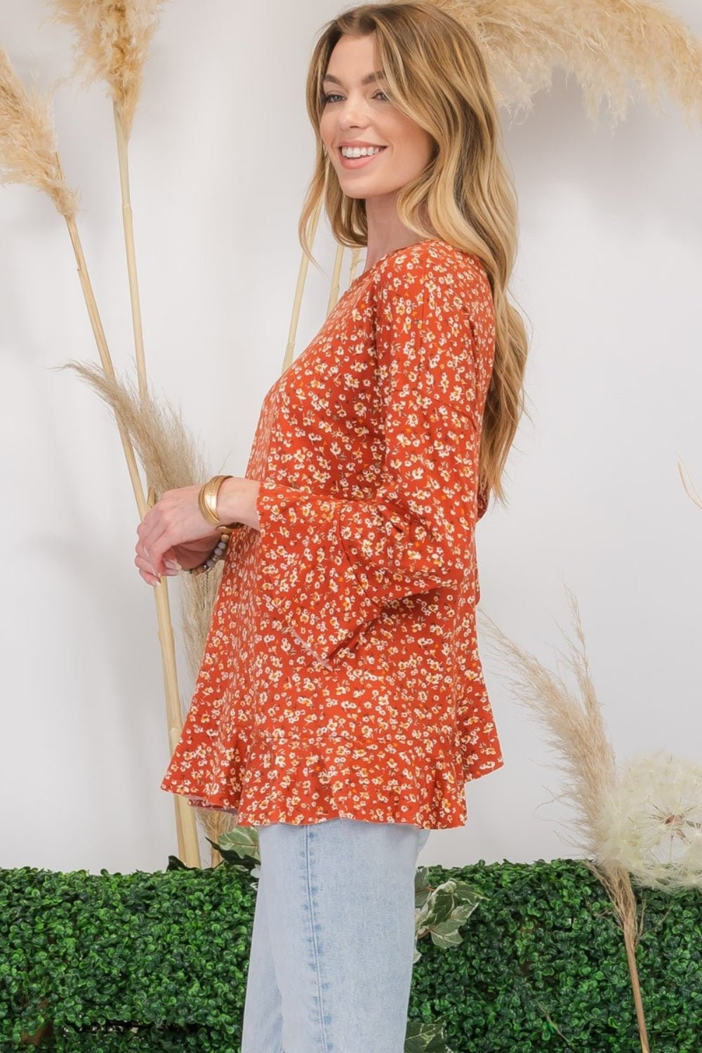 Celeste Full Size Floral Ruffle Detail Top - Top - Rust - Bella Bourget