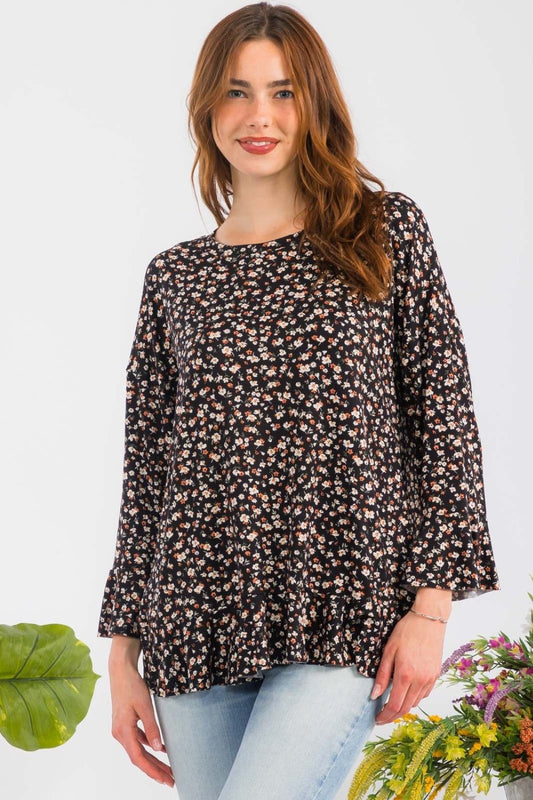 Celeste Full Size Floral Ruffle Detail Top - Top - Black - Bella Bourget