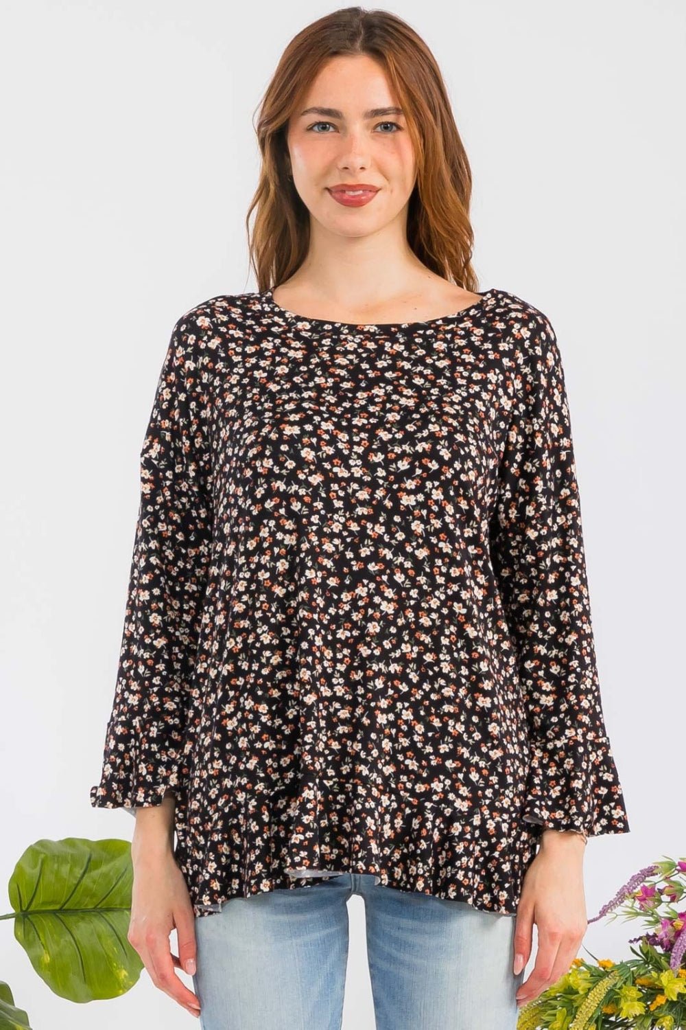 Celeste Full Size Floral Ruffle Detail Top - Top - Black - Bella Bourget