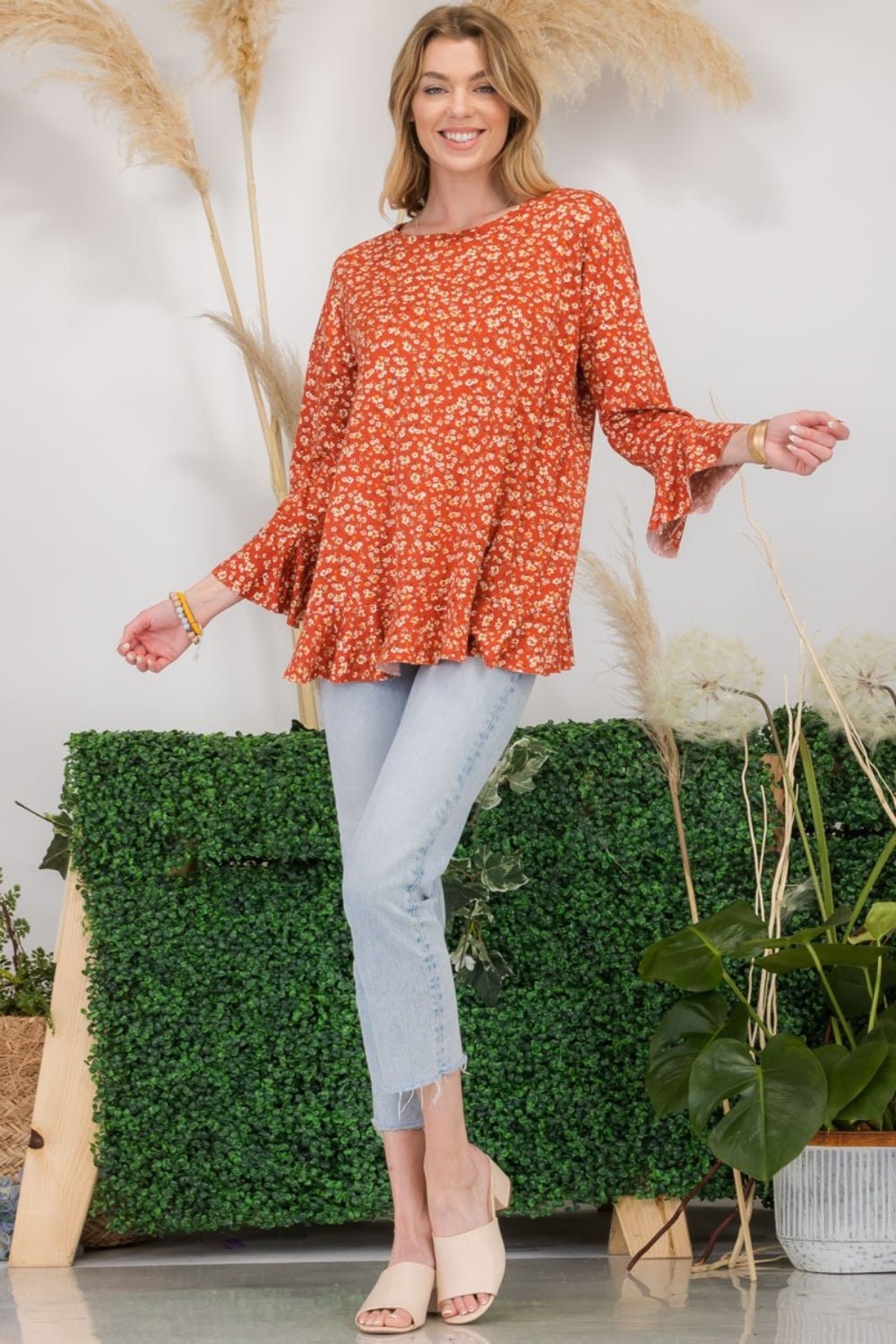 Celeste Full Size Floral Ruffle Detail Top - Top - Rust - Bella Bourget