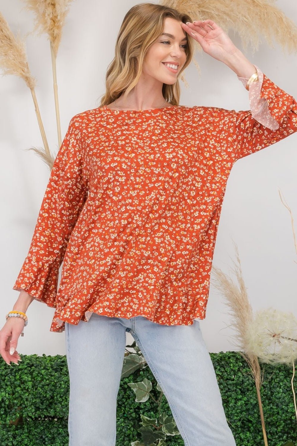 Celeste Full Size Floral Ruffle Detail Top - Top - Rust - Bella Bourget