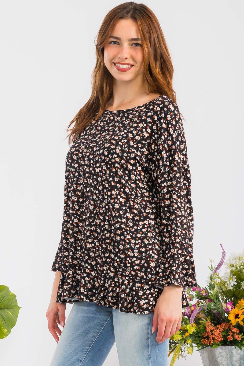 Celeste Full Size Floral Ruffle Detail Top - Top - Black - Bella Bourget