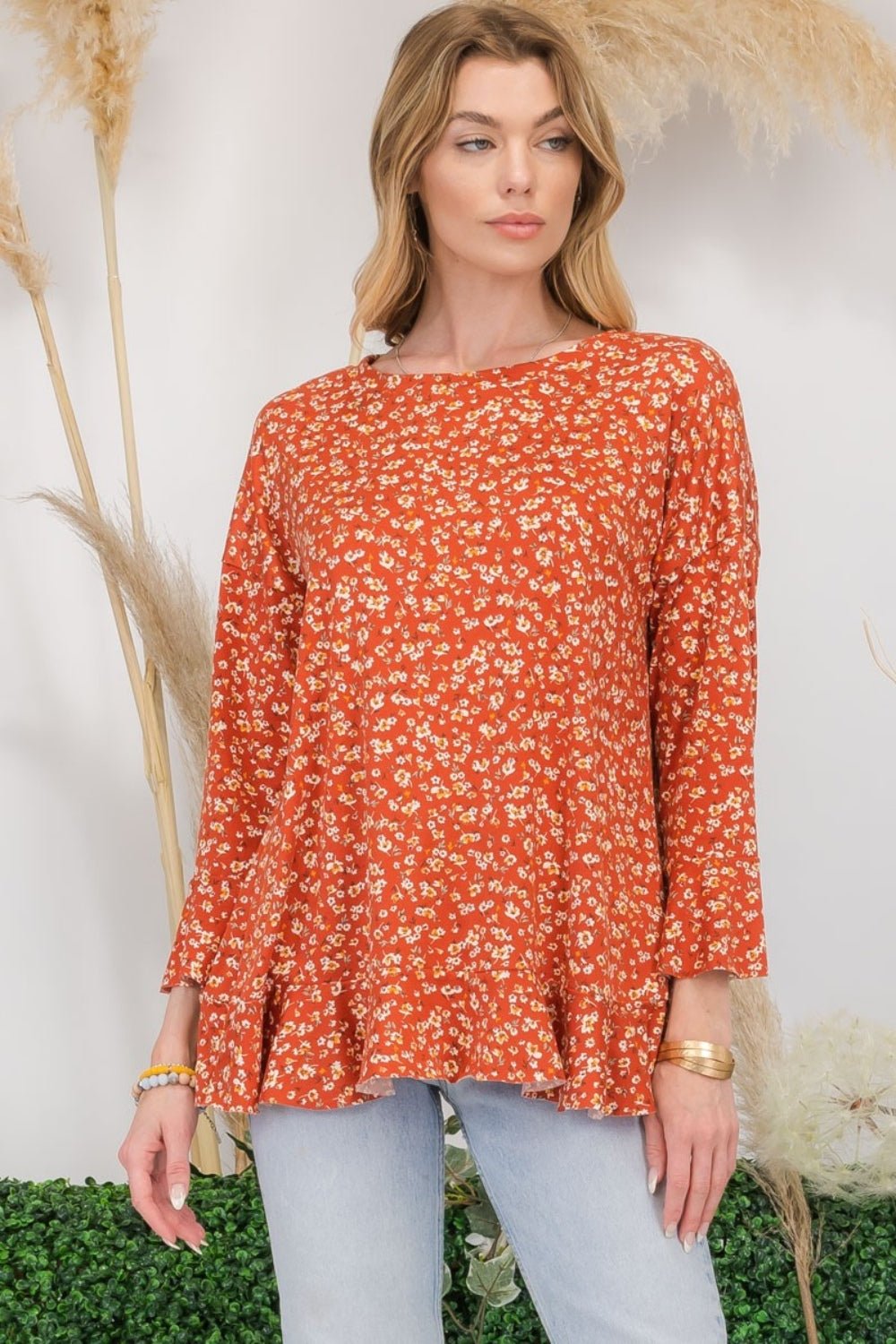 Celeste Full Size Floral Ruffle Detail Top - Top - Rust - Bella Bourget