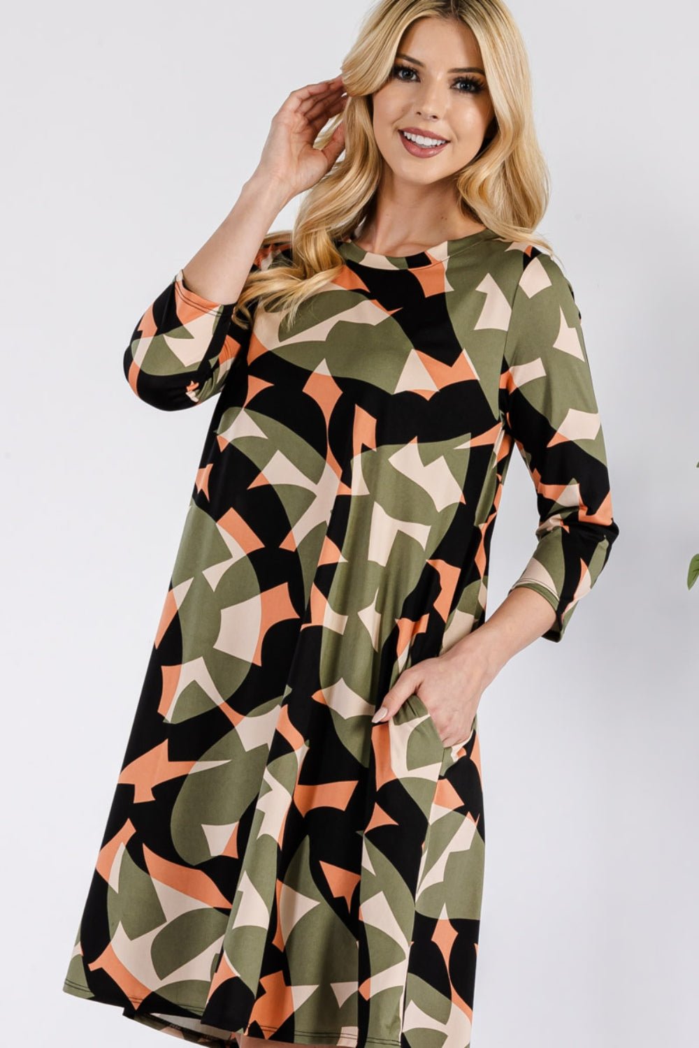 Celeste Full Size Geometric Round Neck Dress with Pockets - Dress - Olive - Bella Bourget