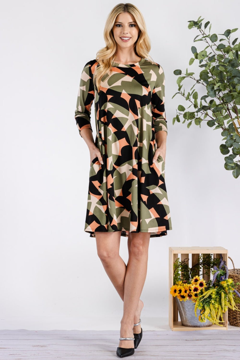 Celeste Full Size Geometric Round Neck Dress with Pockets - Dress - Olive - Bella Bourget