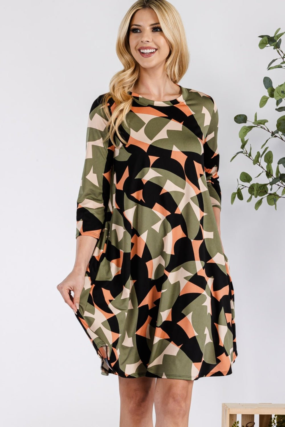 Celeste Full Size Geometric Round Neck Dress with Pockets - Dress - Olive - Bella Bourget