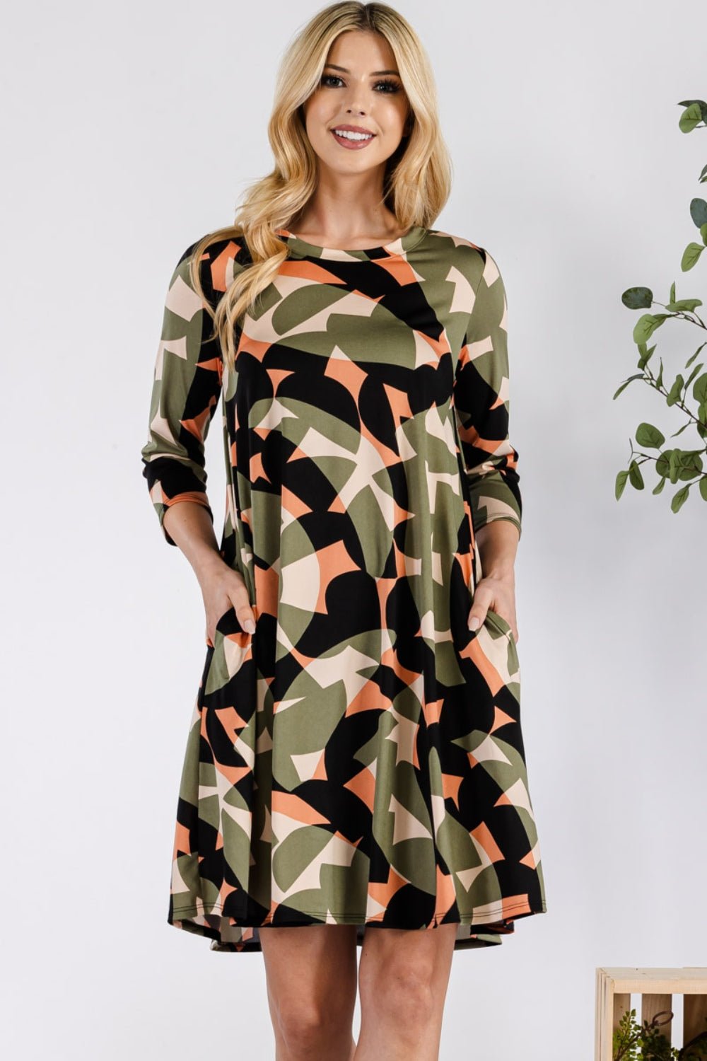 Celeste Full Size Geometric Round Neck Dress with Pockets - Dress - Olive - Bella Bourget