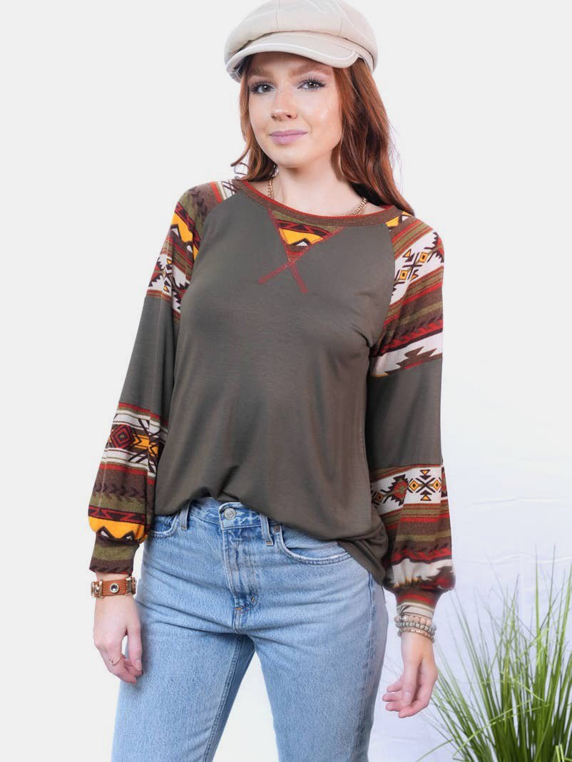 Celeste Full Size Geometric Round Neck Long Sleeve Top - Top - Dark Olive - Bella Bourget