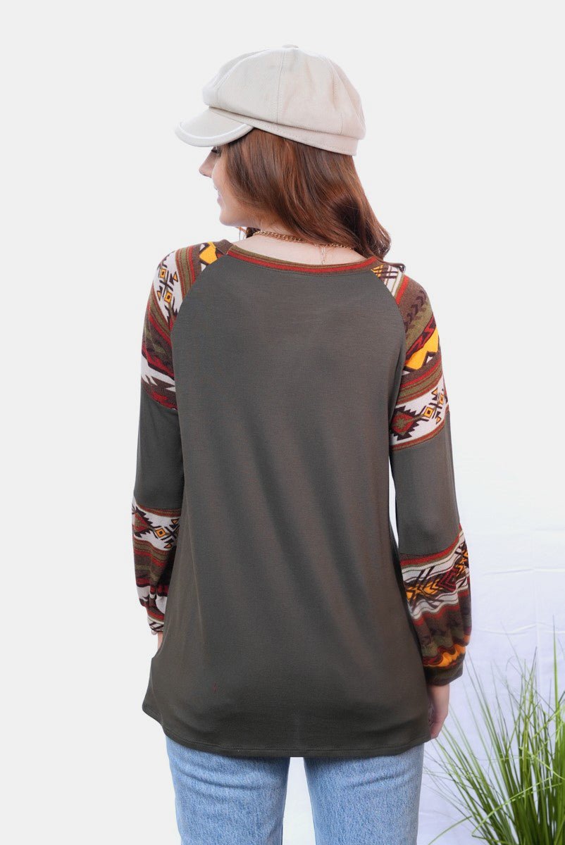 Celeste Full Size Geometric Round Neck Long Sleeve Top - Top - Dark Olive - Bella Bourget