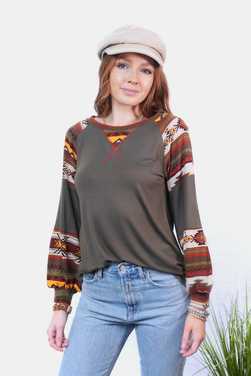 Celeste Full Size Geometric Round Neck Long Sleeve Top - Top - Dark Olive - Bella Bourget