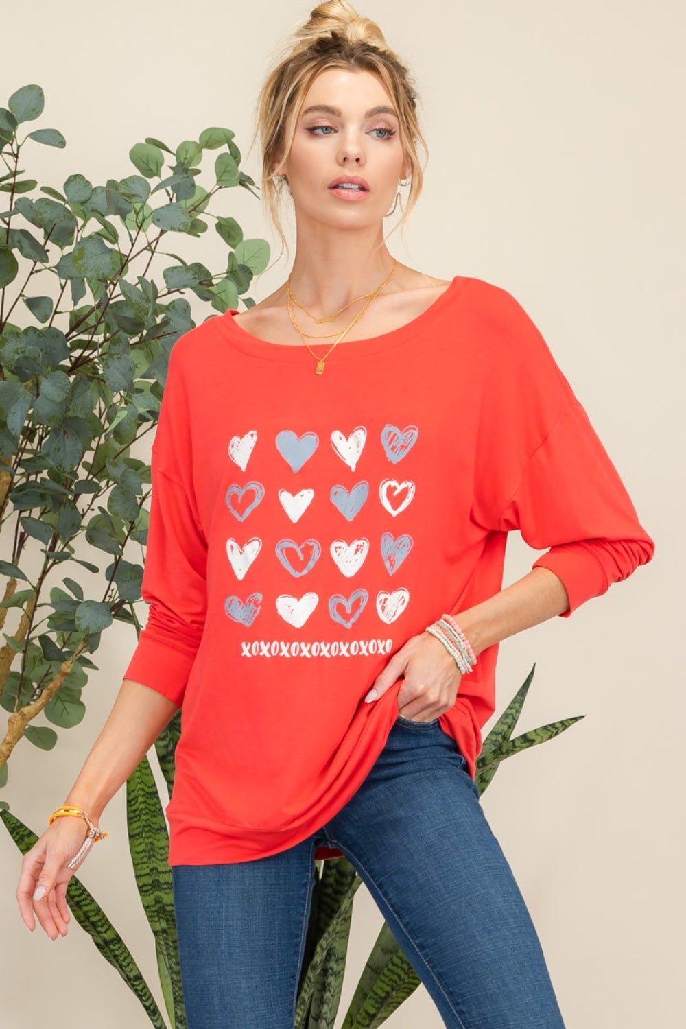 Celeste Full Size Heart Graphic Long Sleeve T - Shirt - Top - Red - Bella Bourget