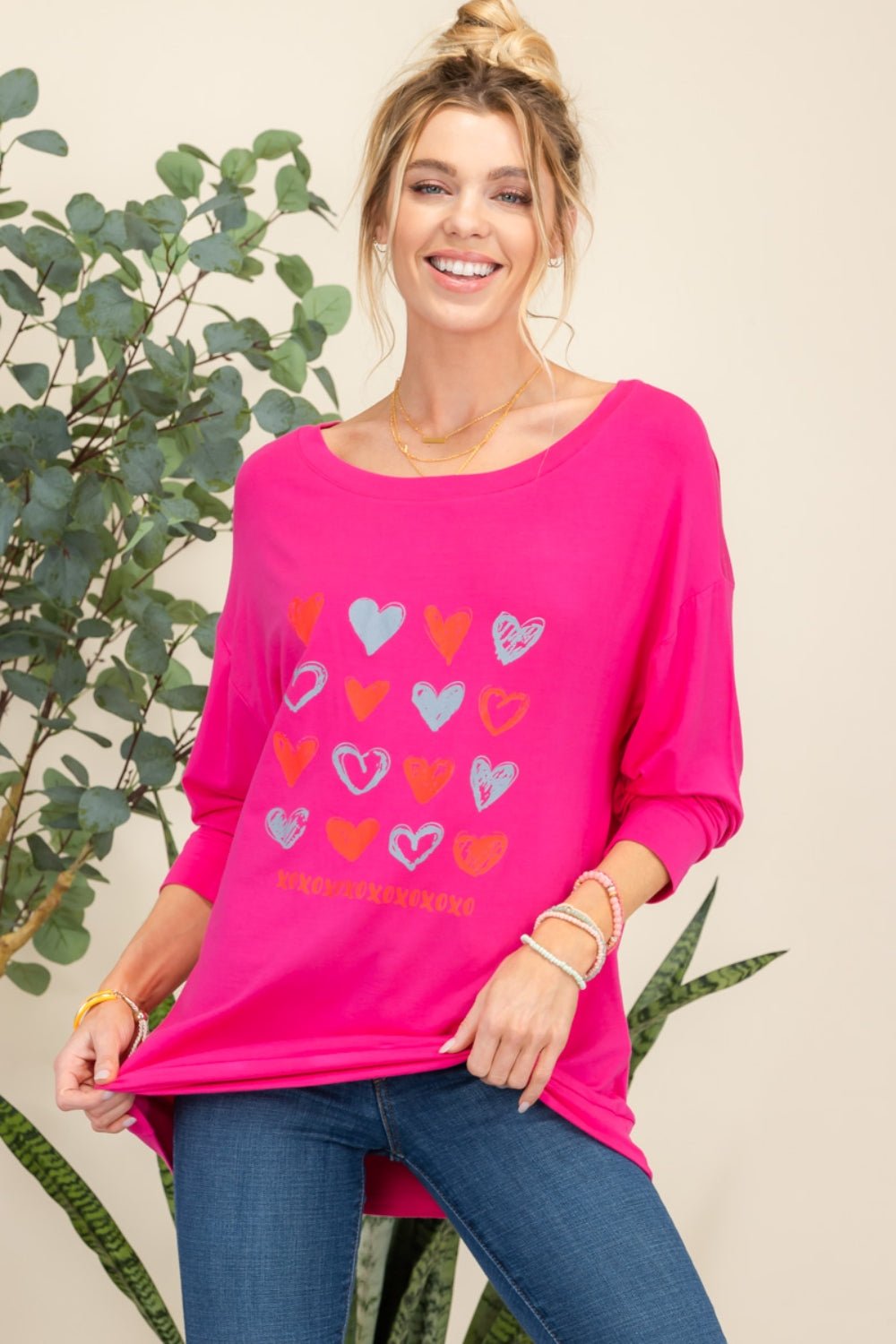 Celeste Full Size Heart Graphic Long Sleeve T - Shirt - Top - FUCHSIA - Bella Bourget