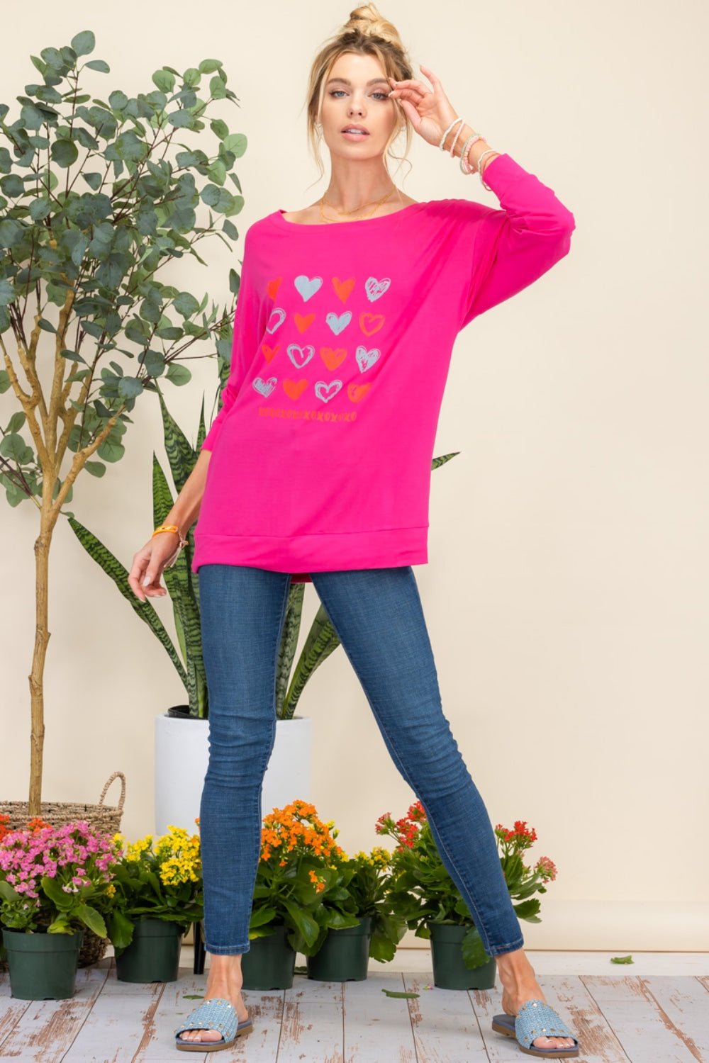 Celeste Full Size Heart Graphic Long Sleeve T - Shirt - Top - FUCHSIA - Bella Bourget