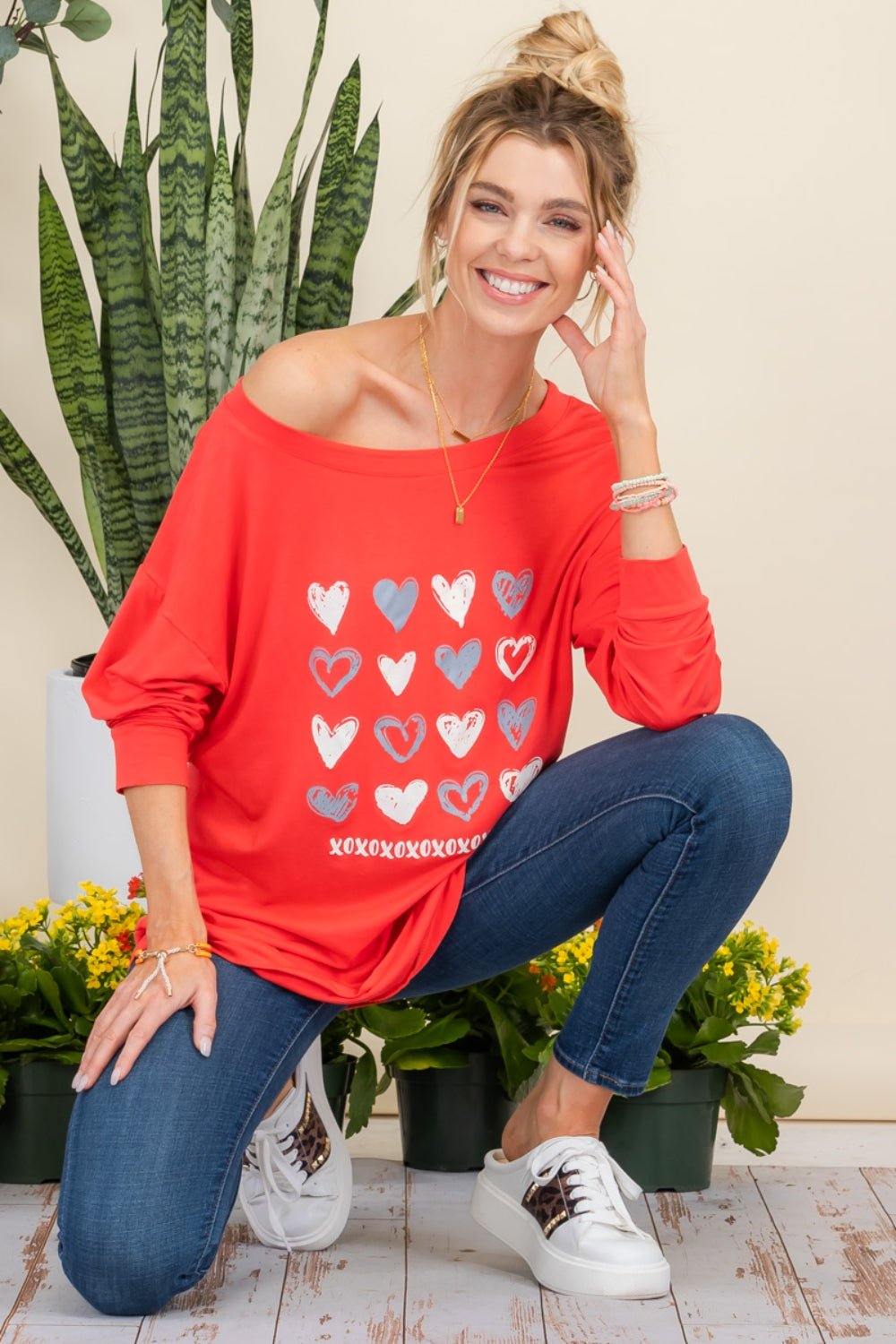 Celeste Full Size Heart Graphic Long Sleeve T - Shirt - Top - Red - Bella Bourget