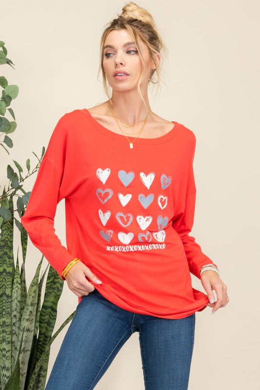 Celeste Full Size Heart Graphic Long Sleeve T - Shirt - Top - Red - Bella Bourget