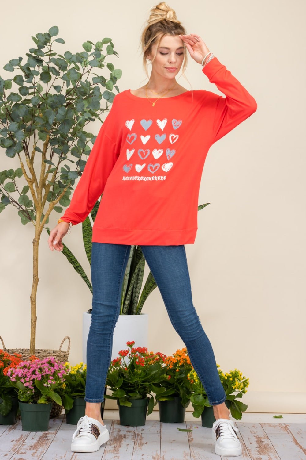 Celeste Full Size Heart Graphic Long Sleeve T - Shirt - Top - Red - Bella Bourget