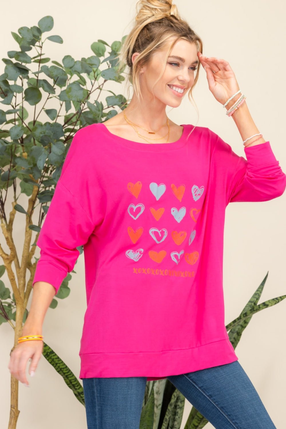 Celeste Full Size Heart Graphic Long Sleeve T - Shirt - Top - FUCHSIA - Bella Bourget