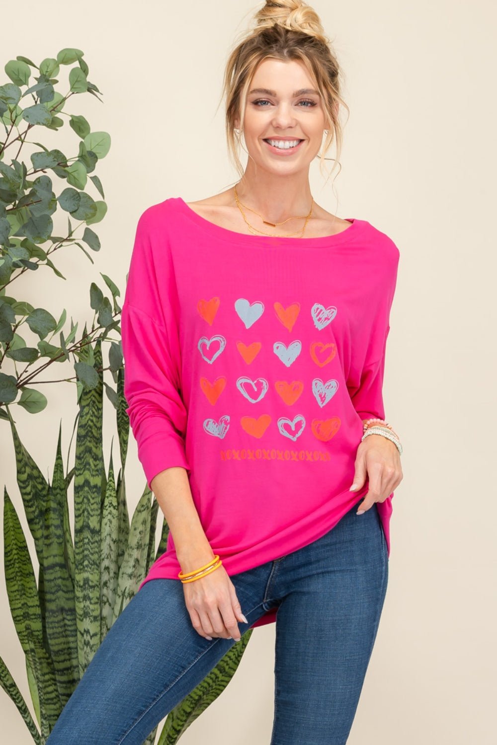 Celeste Full Size Heart Graphic Long Sleeve T - Shirt - Top - FUCHSIA - Bella Bourget