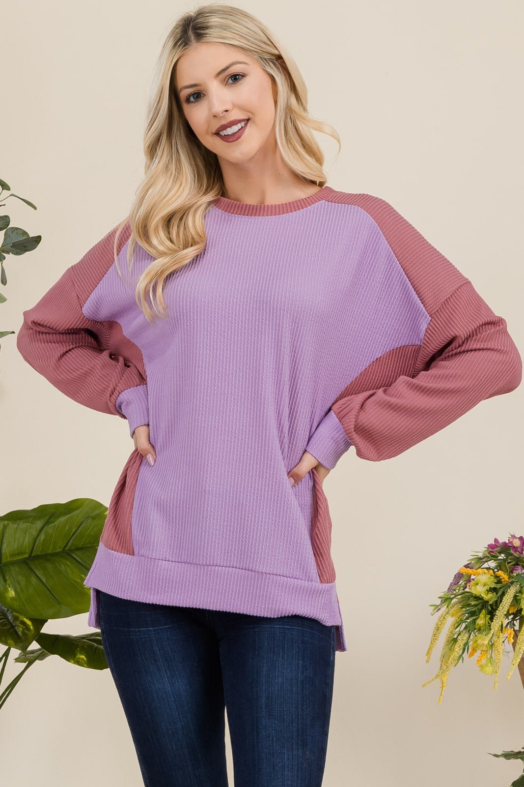 Celeste Full Size High - Low Contrast Round Neck Sweatshirt - Sweatshirt - Lavender - Bella Bourget